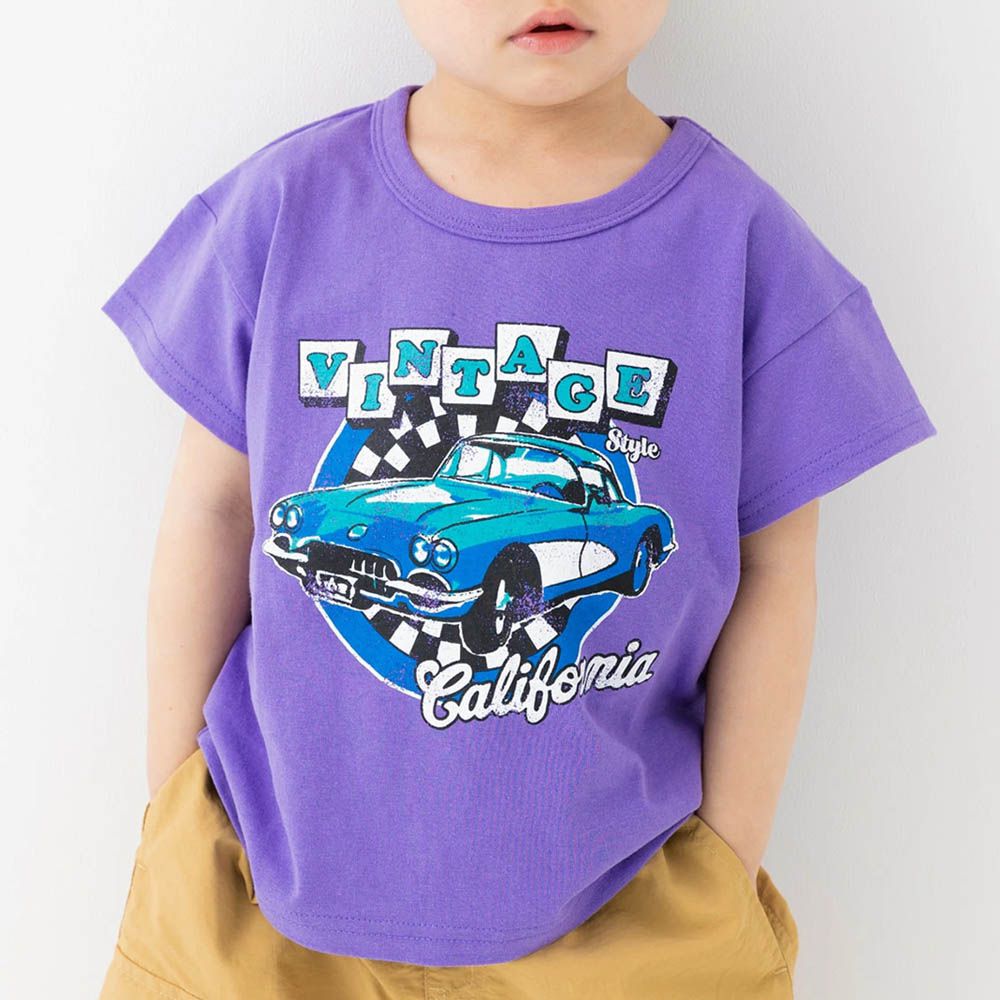 100%棉 印花柔軟短袖上衣-復古車車-紫