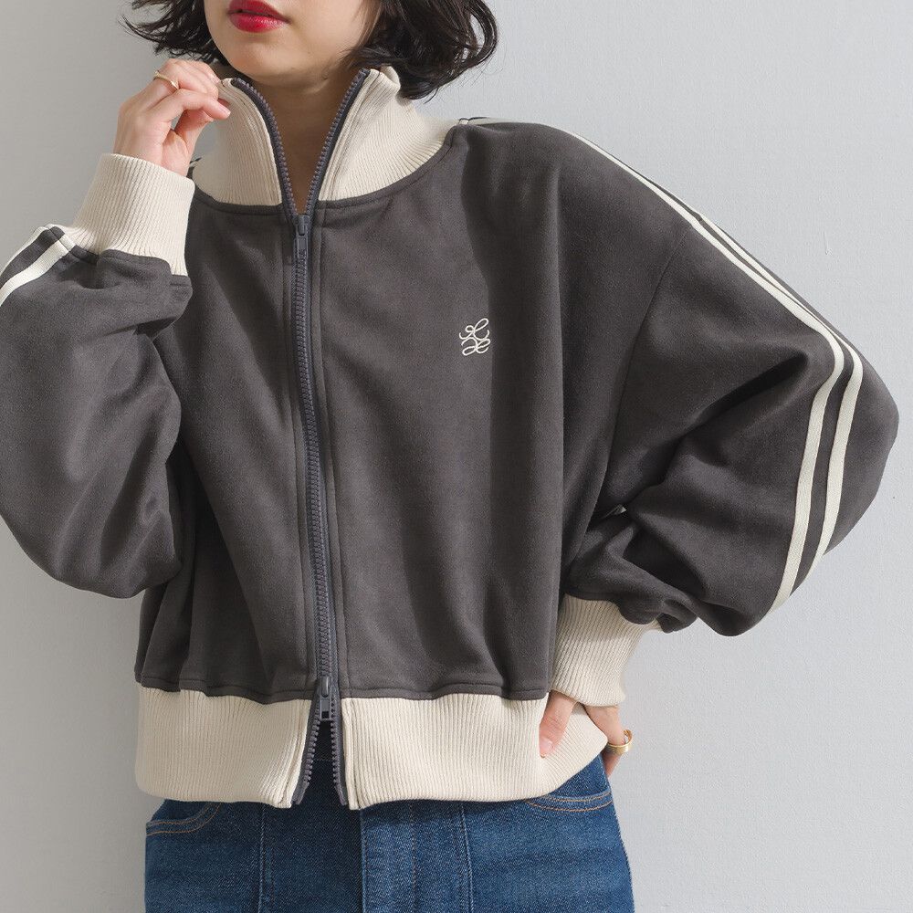 麂皮短絨休閒配色運動風夾克-炭黑x米杏領