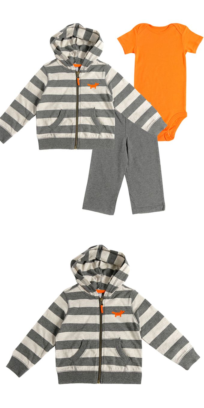 美國 Carter's - 小狐狸橫條紋連帽外套+短袖包屁衣+長褲3件組