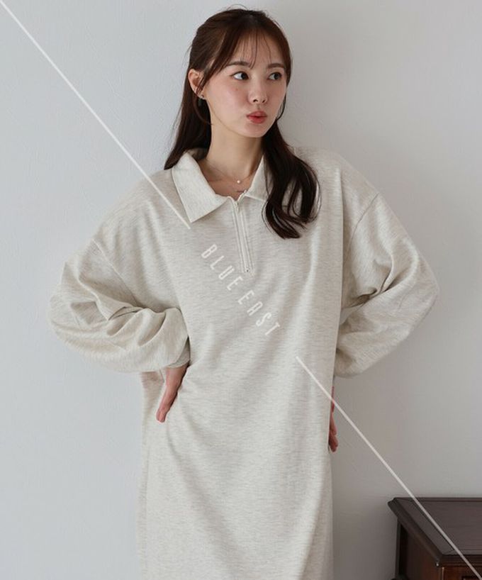 日本 BLUE EAST - 半拉鏈時尚休閒長袖洋裝-象牙白