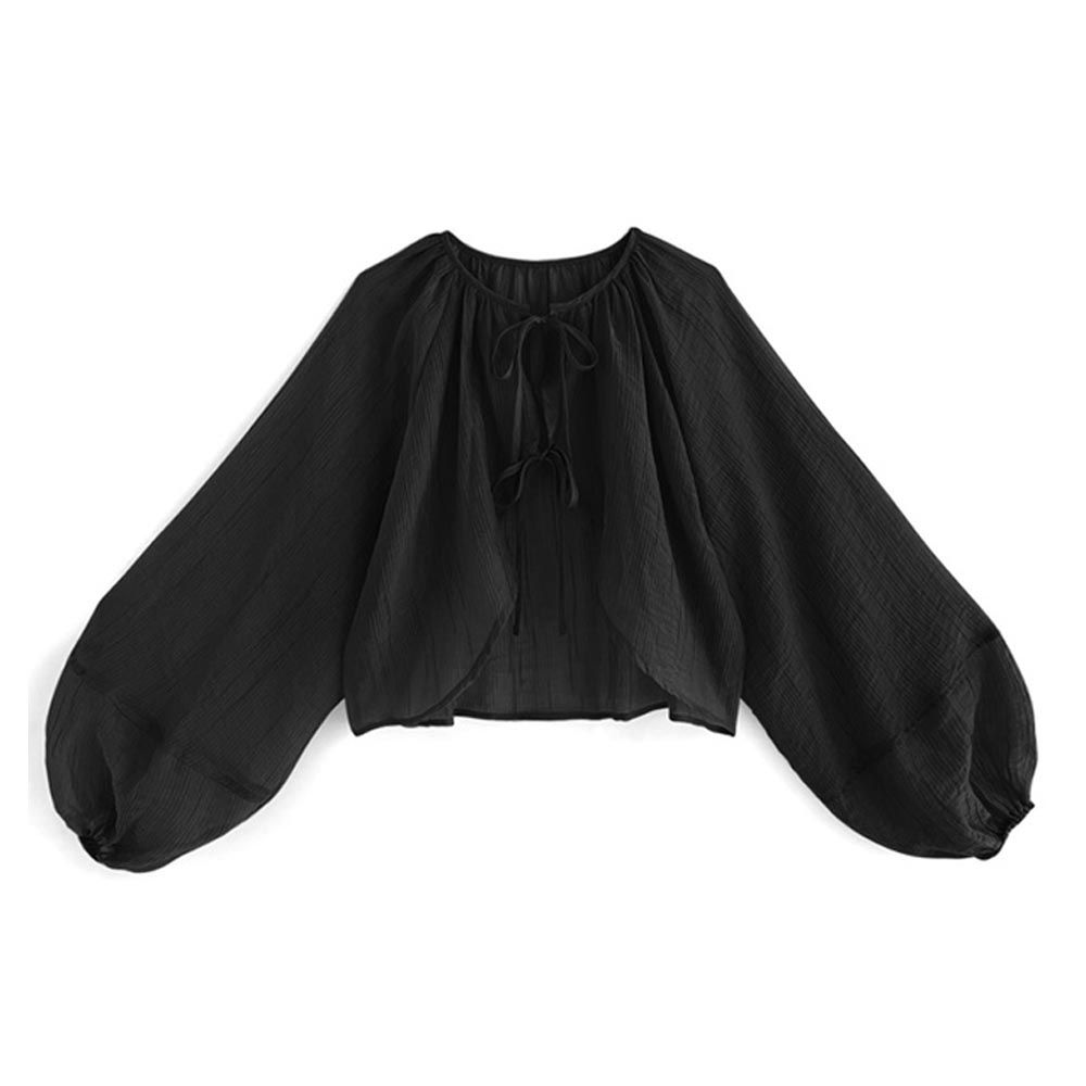 日本 GRL - 雙綁結楊柳透膚感罩衫-黑色 (F)