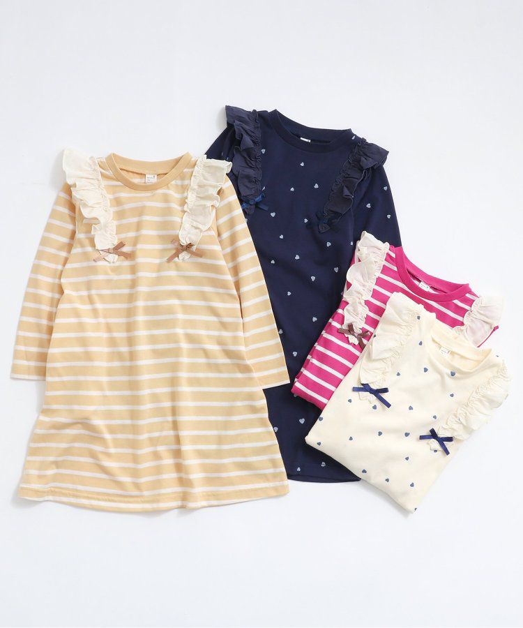 日本 apres les cours - 肩部荷葉印花薄長袖洋裝-愛心-海軍藍