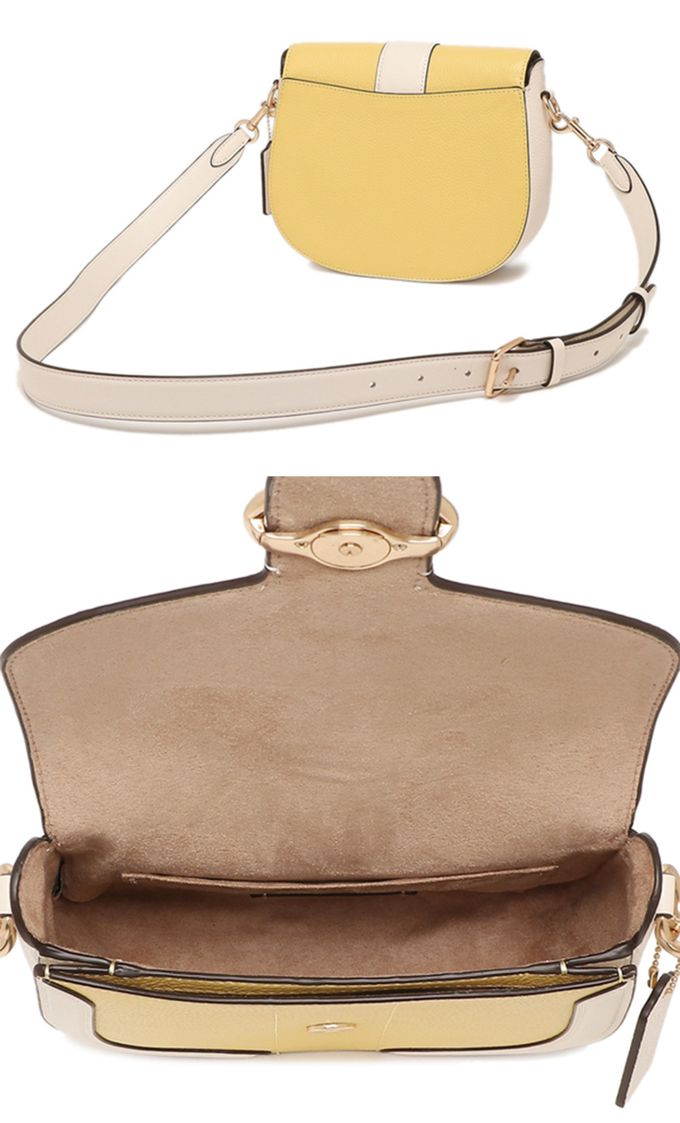 COACH - 撞色皮革翻蓋馬鞍包 (黃白)