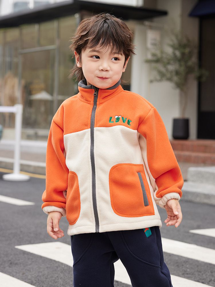 搖粒絨保暖兒童外套-LIVE-灰+杏