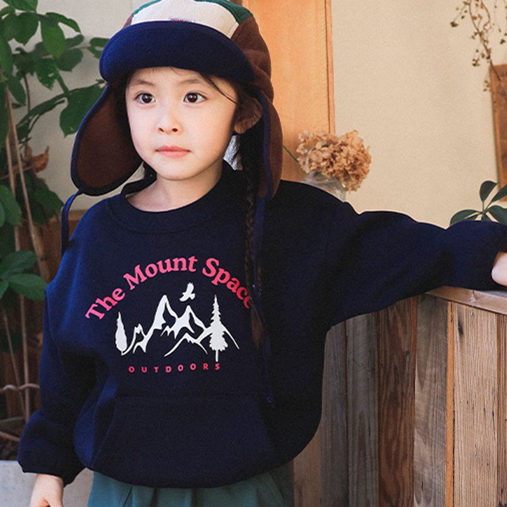 加絨前口袋長袖上衣/大學T-藏青