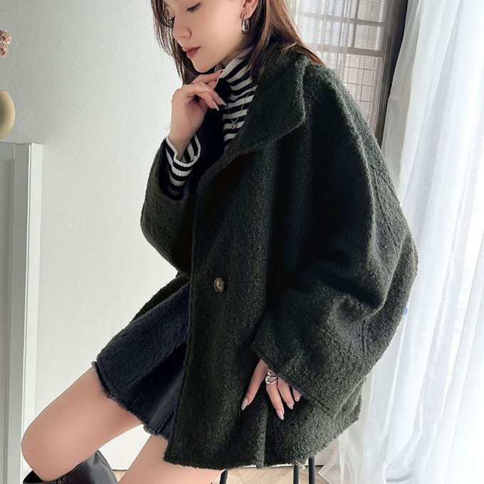 日本 Classical Elf - 玳帽扣時尚立領廓形毛絨大衣-炭灰