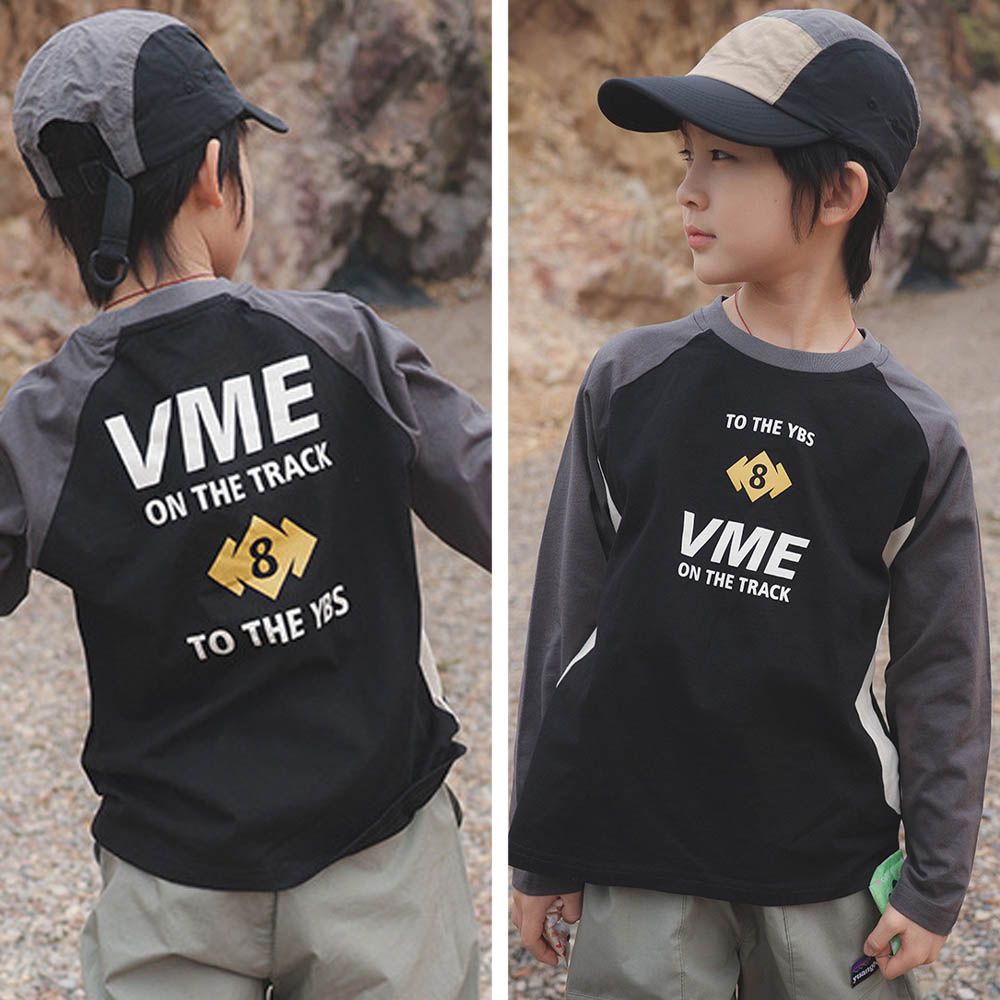 純棉圓領長袖上衣-山系字母-拼色黑灰