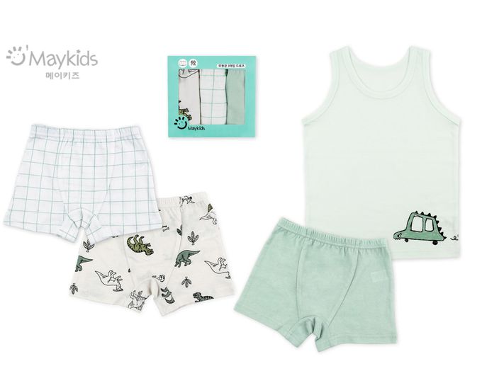 韓國 Maykids - (3入組)男寶無螢光棉親膚四角褲-恐龍車車-米X綠