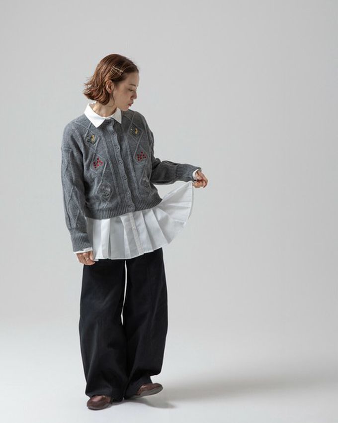 日本 gleam - 文藝風小花刺繡立體針織開襟衫-灰