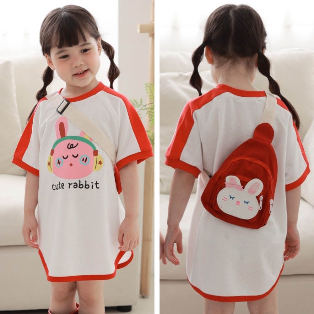 (附包包)大耳機兔印連身洋裝-紅帶橘