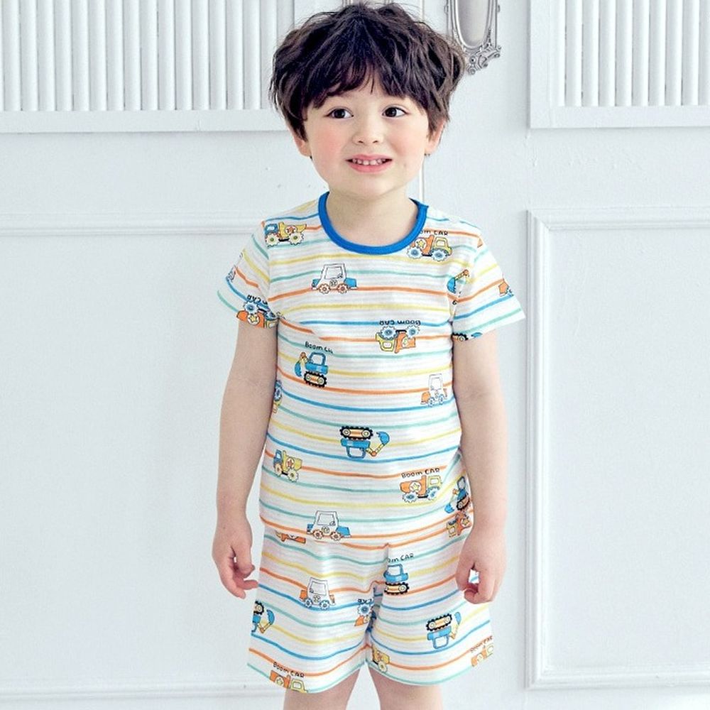 透氣條紋提花棉短袖家居服-繽紛條紋工程車-白