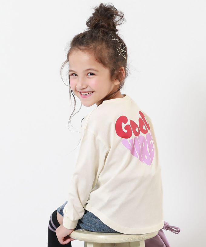 日本 devirock - 100%棉 女孩印花圓弧長袖上衣-英文logo-桃粉