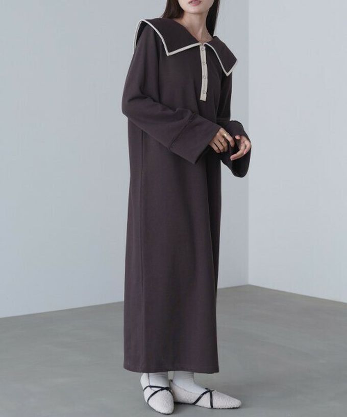 日本 Bab - 滾邊個性大翻領休閒長袖洋裝-象牙