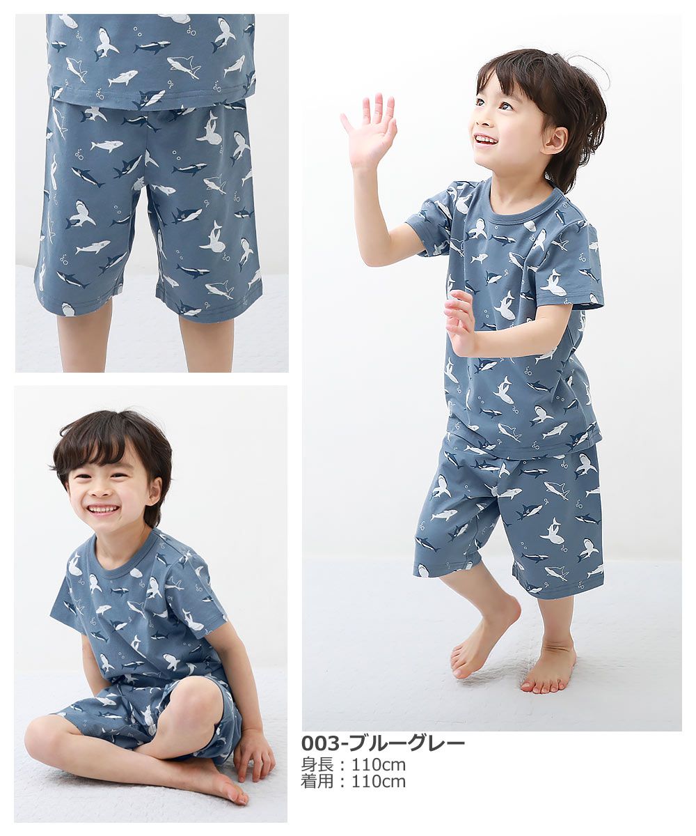 日本 devirock - 純棉舒適短袖家居服/睡衣-鯊魚-藍灰
