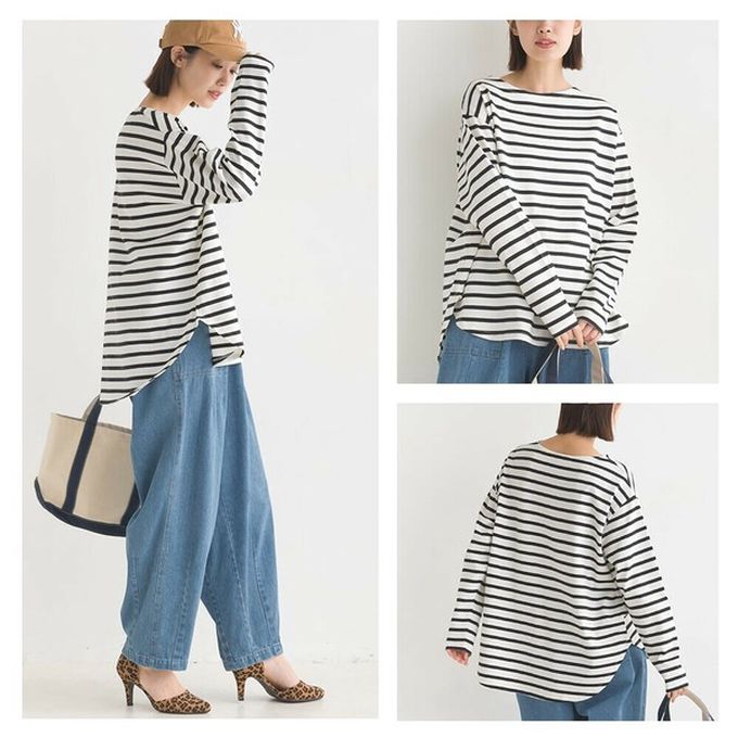 日本 OMNES - 純棉厚磅定番條紋長袖上衣-藍x白