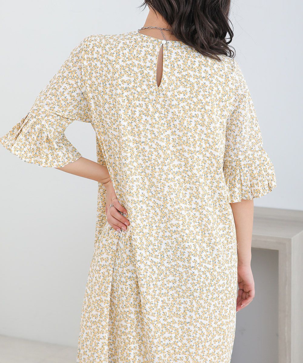 日本 Bab - 圓領碎花糖果袖洋裝-奶油白