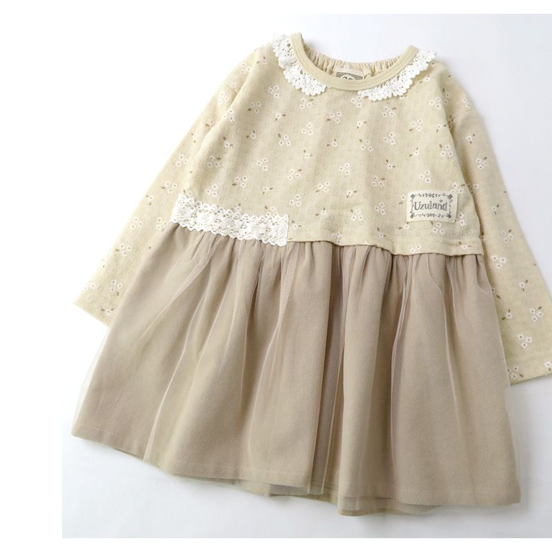 日本 ZOOLAND - 上下拼接長袖洋裝-小花薄紗-粉