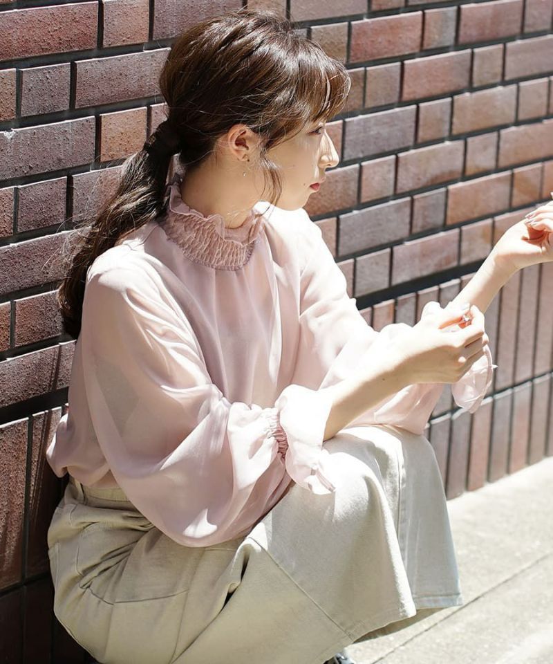 日本 zootie - 質感光澤微透膚雪紡小高領長袖上衣-薄荷