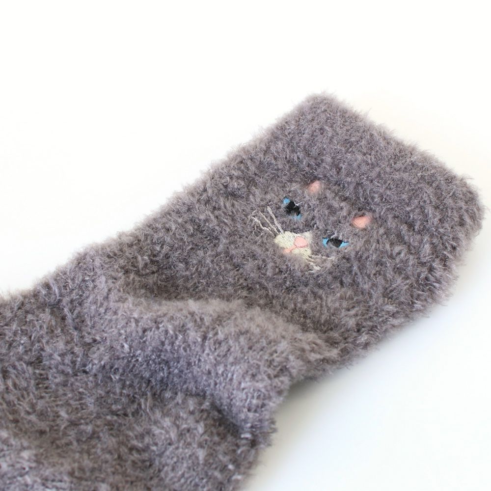 日本 TOMO - 可愛動物刺繡毛絨保暖襪-比熊犬-灰 (22-25cm)