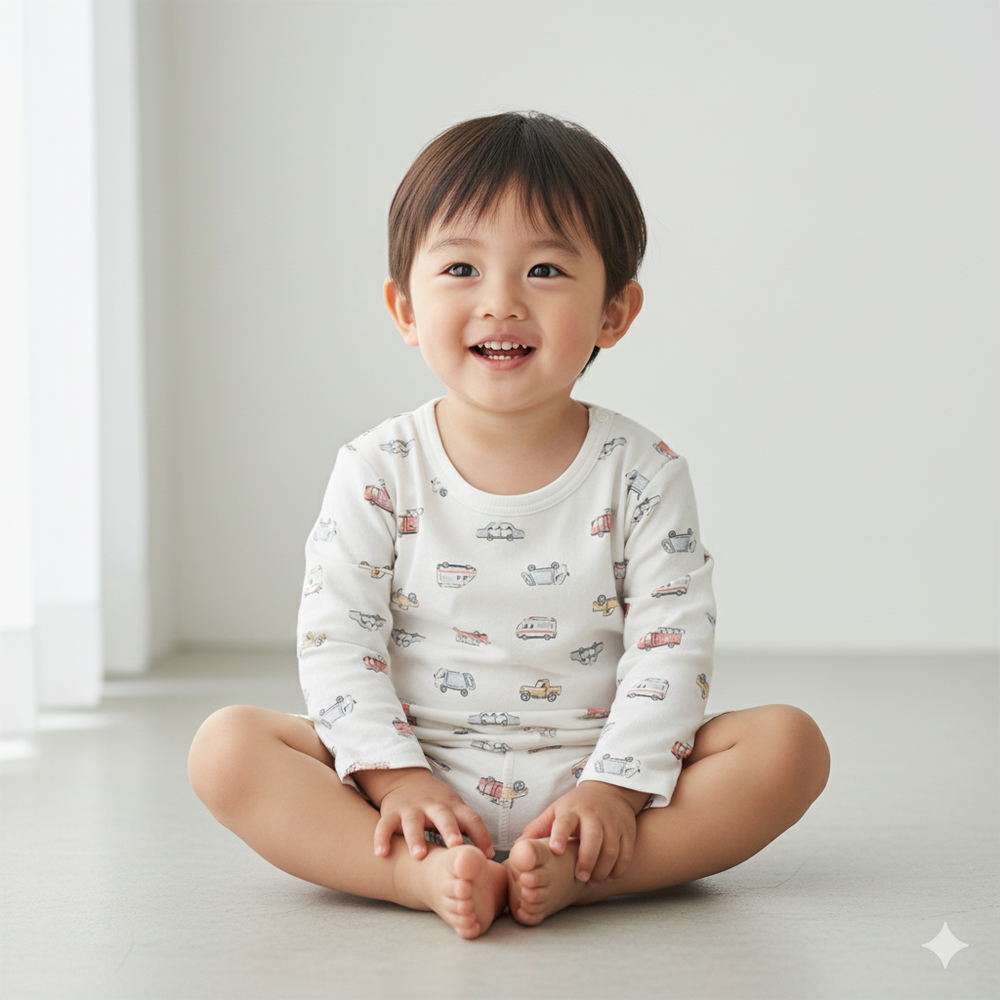 長袖圓領上衣2件組-工程車-綠色