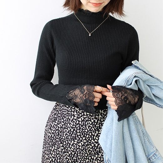 日本 BELLUNA - 優雅蕾絲拼接羅紋針織上衣-沙杏