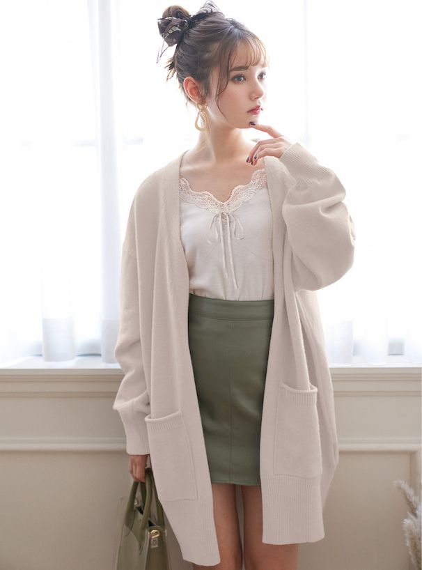 日本 GRL - 綁帶蕾絲V領無袖背心/內搭-淺杏粉