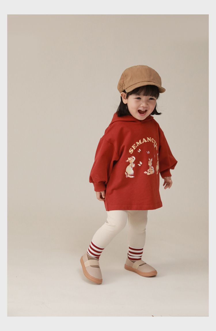 連帽寬鬆長袖帽T-可愛兔兔-紅色