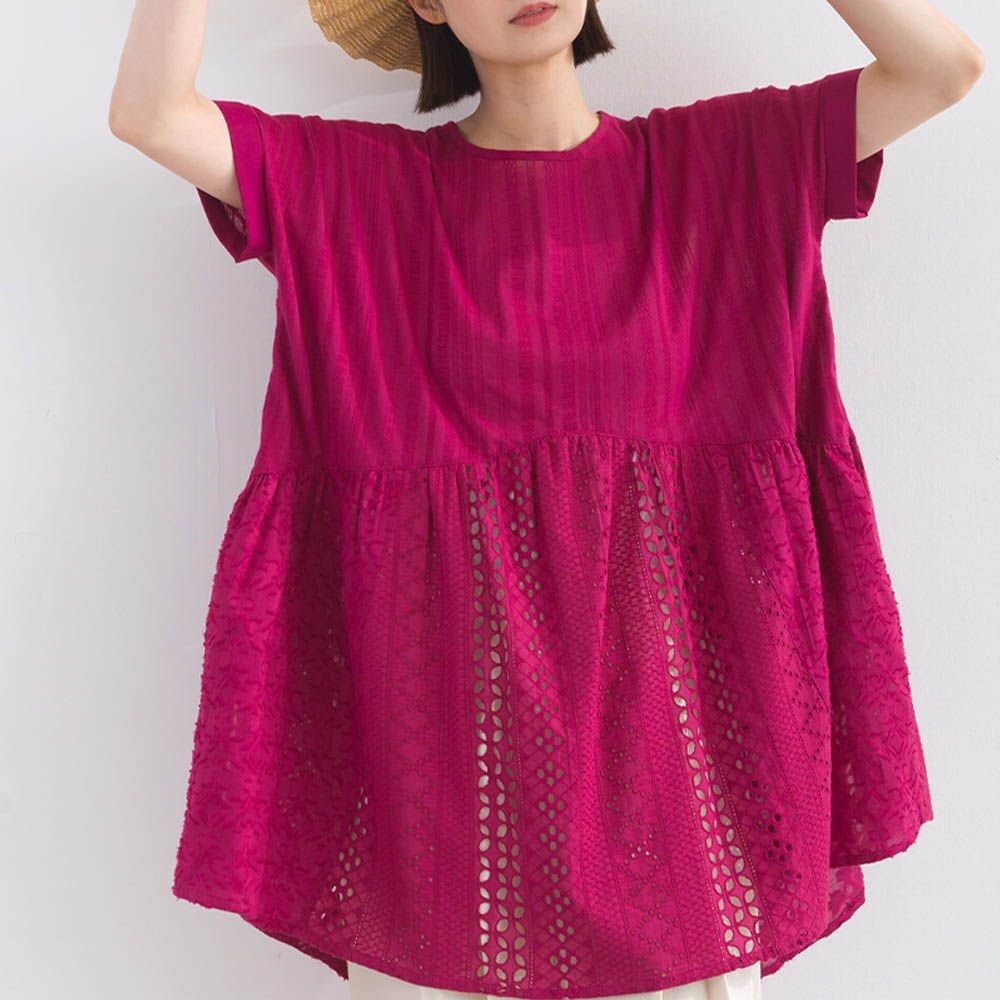 100%印度棉 柔美緹花長版短袖上衣-桃紅