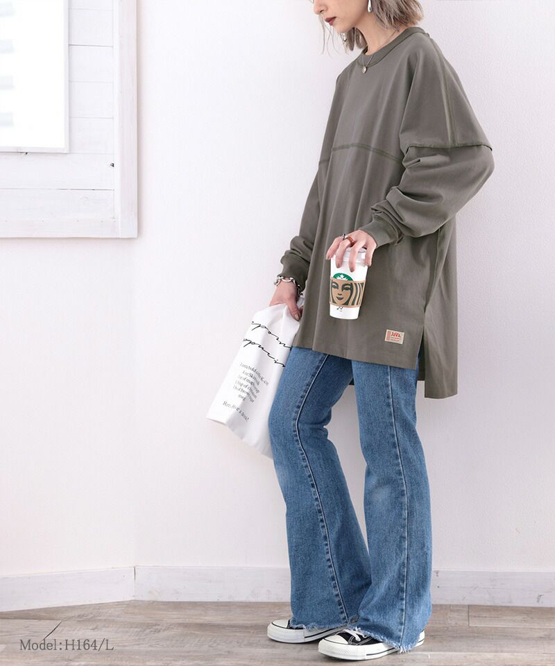 日本 Classical Elf - 落肩長版修身遮臀薄長袖上衣-灰杏