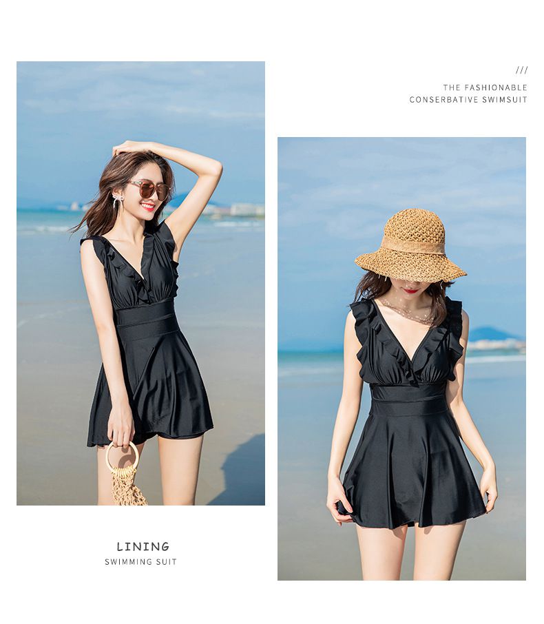 荷葉V領露背連身裙泳衣-綠色