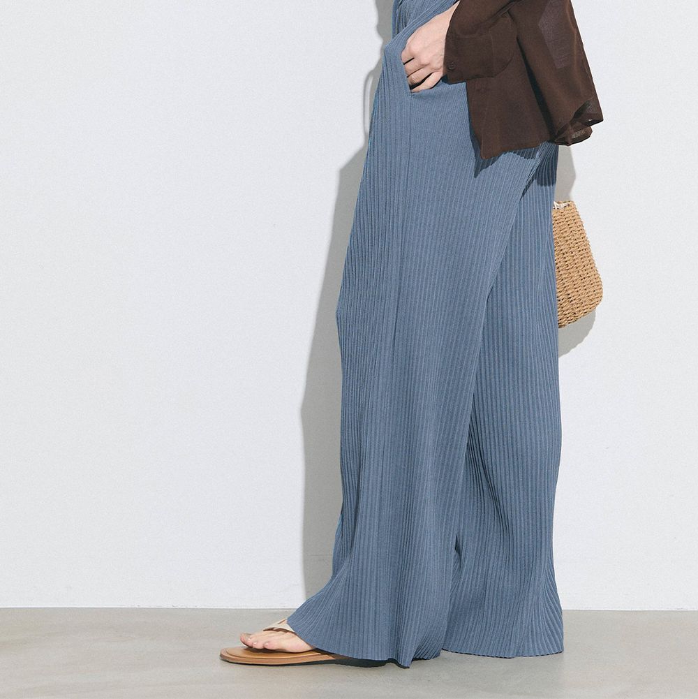 [可剪裁]柔軟羅紋修身長褲(附口袋)-煙燻藍