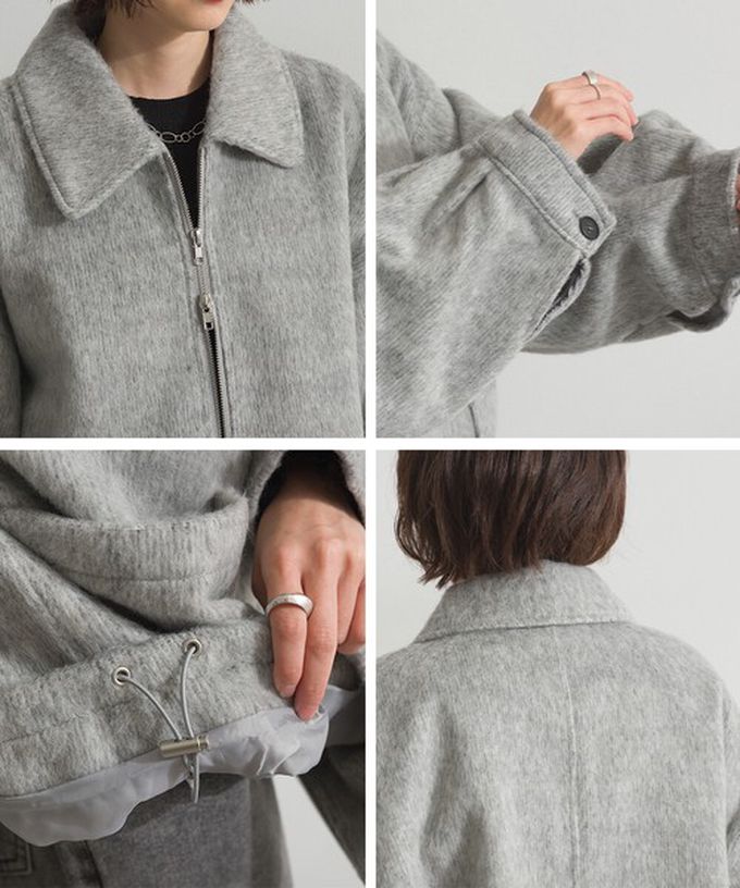 日本 ELENCARE DUE - 毛海感寬版雙拉鏈大口袋保暖外套-淺灰