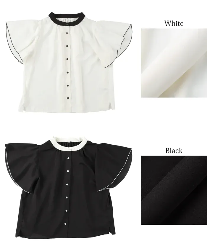 日本 COCA - 簡約撞色雪紡荷葉短袖襯衫-白