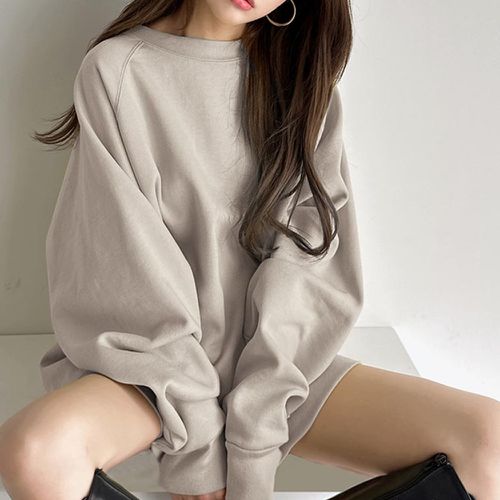 日本 GRL - 圓領內刷毛落肩長袖上衣-淺卡其 (F)