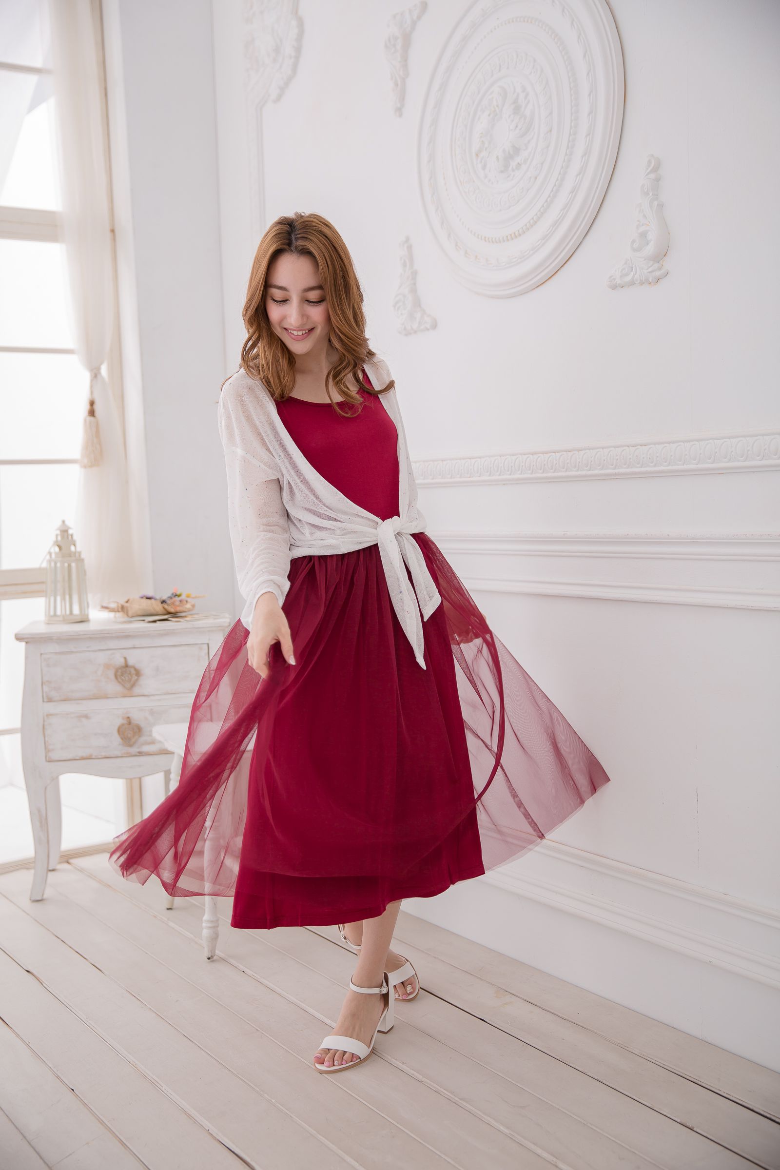 Peachy - 獨家訂製綿柔連身紗裙-細肩帶連身款-性感酒紅 (F)