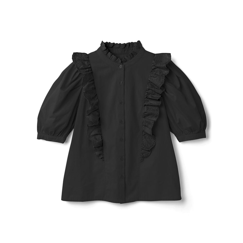 日本 GRL - 古典雕花蕾絲五分袖襯衫上衣-時尚黑