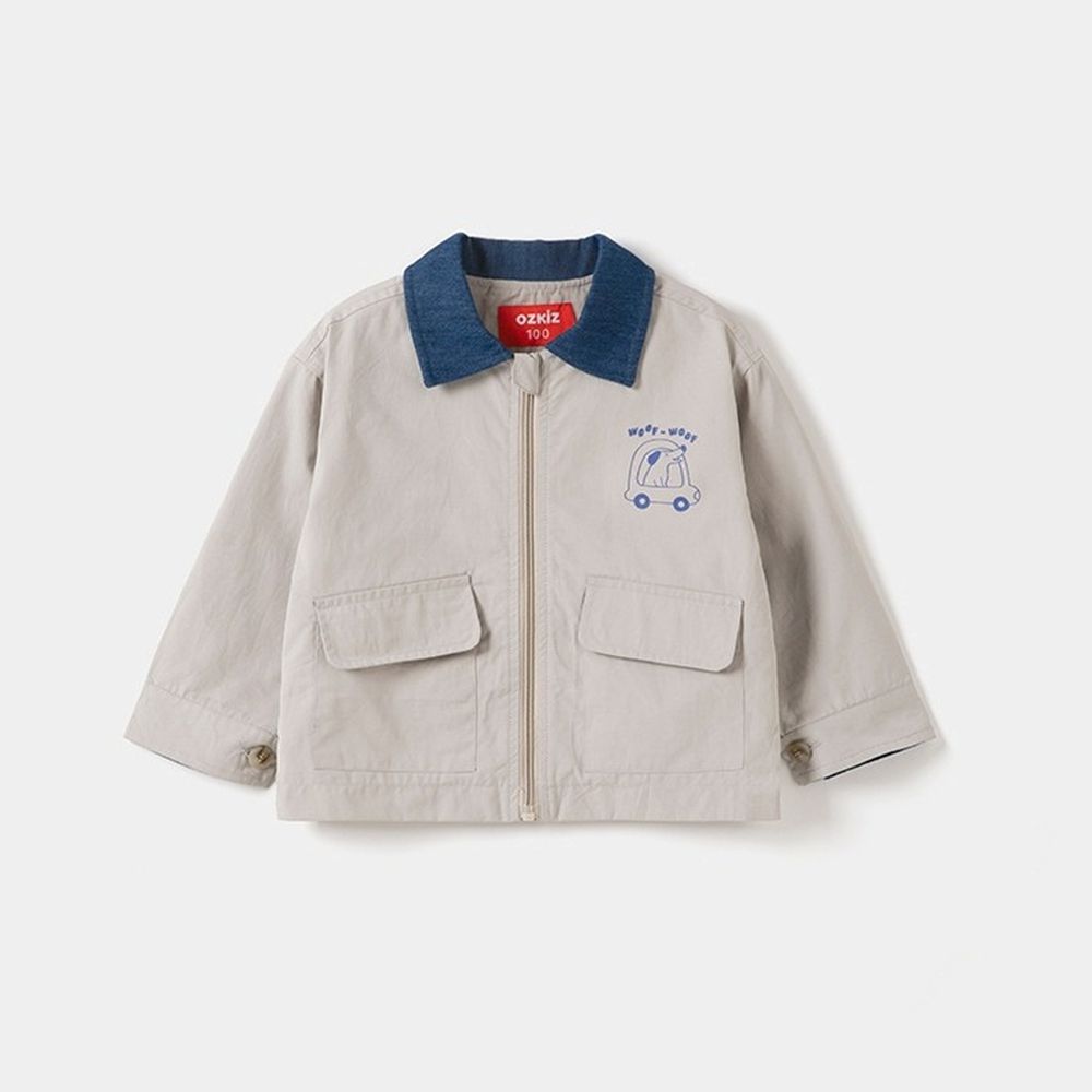 雙口袋撞色拼接翻領工裝外套-淺灰