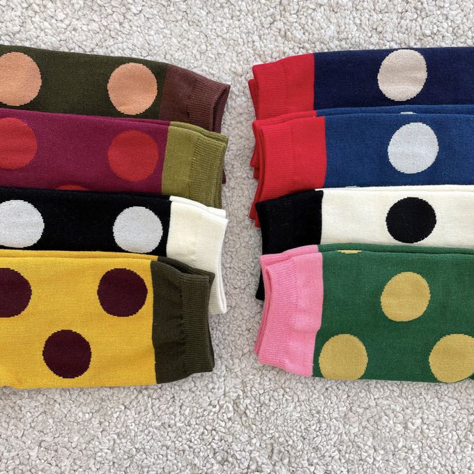 韓國Marian - 撞色大圓點中筒襪-白X黑 (Free)