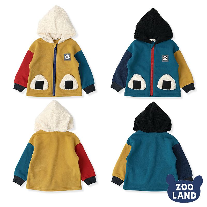 日本 ZOOLAND - 裏起毛拼接連帽外套-御飯糰熊貓-黃紅藍