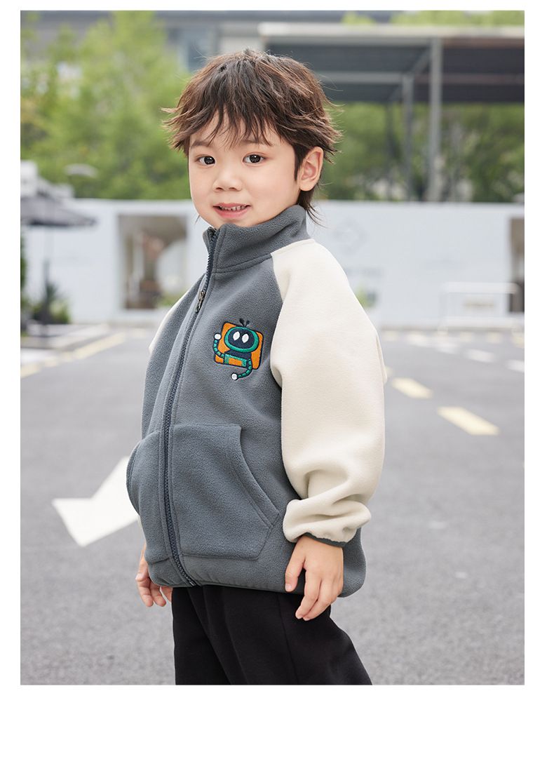 搖粒絨保暖兒童外套-小小機器人-灰色