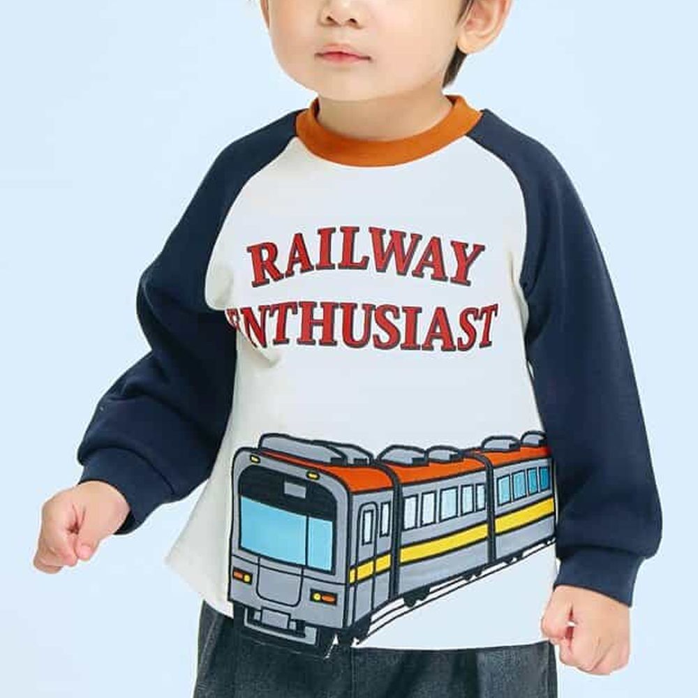 男孩最愛醒目印花裏毛長袖上衣-電車-深藍