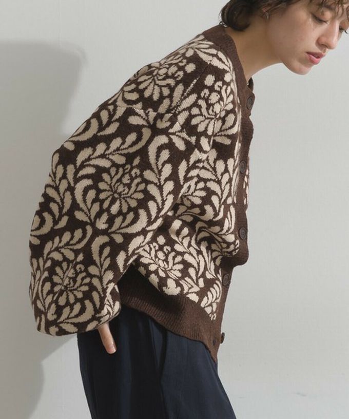 日本 Lupilien - 盛開花卉針織寬袖開襟衫/外套-炭灰