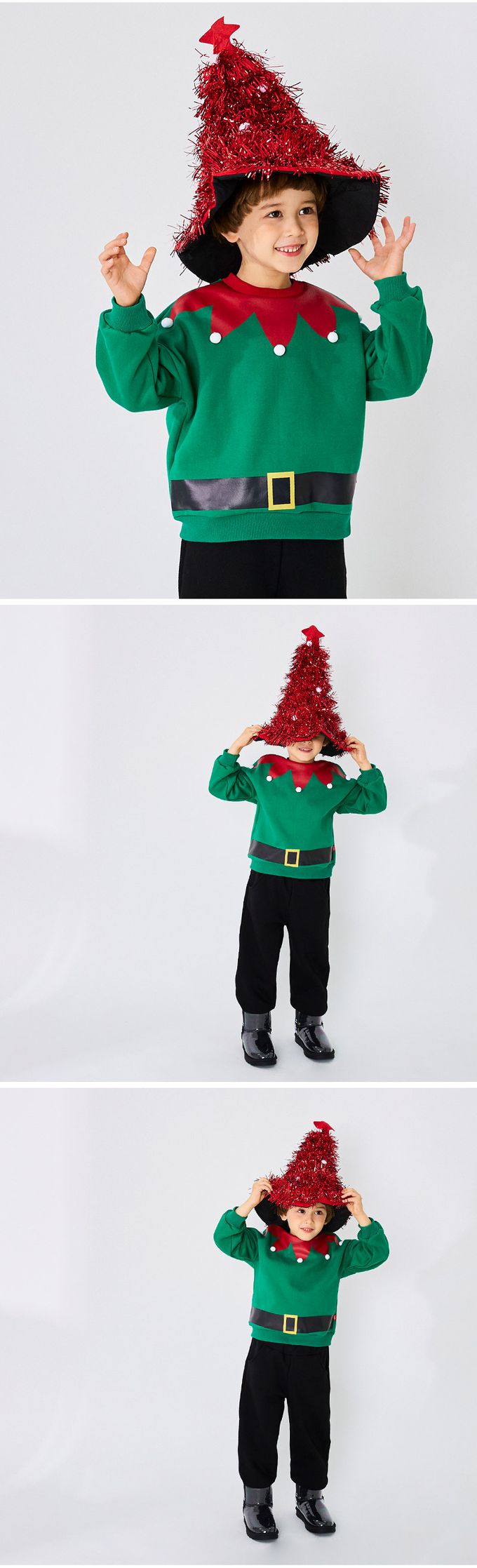 韓國 OZKIZ - (附尖帽)(內刷毛)聖誕男精靈長袖套裝