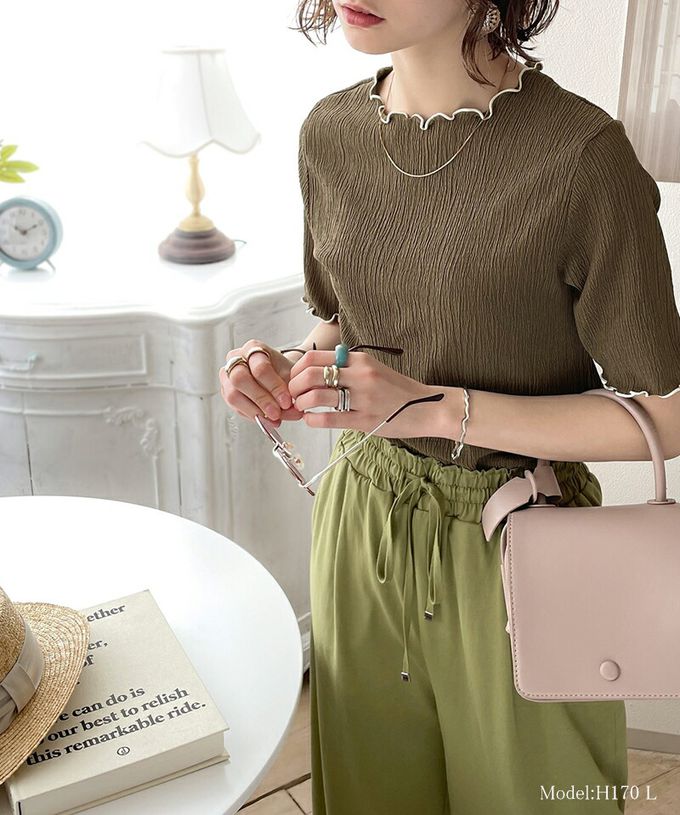 日本 Classical Elf - 氣質紋理木耳邊短袖上衣-灰藍