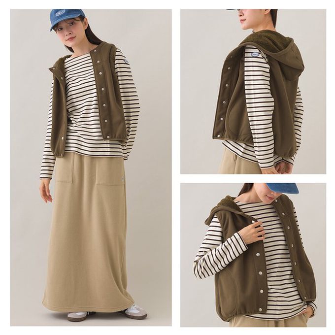 日本 OMNES - 裏起毛保暖短版運動風連帽背心-咖啡