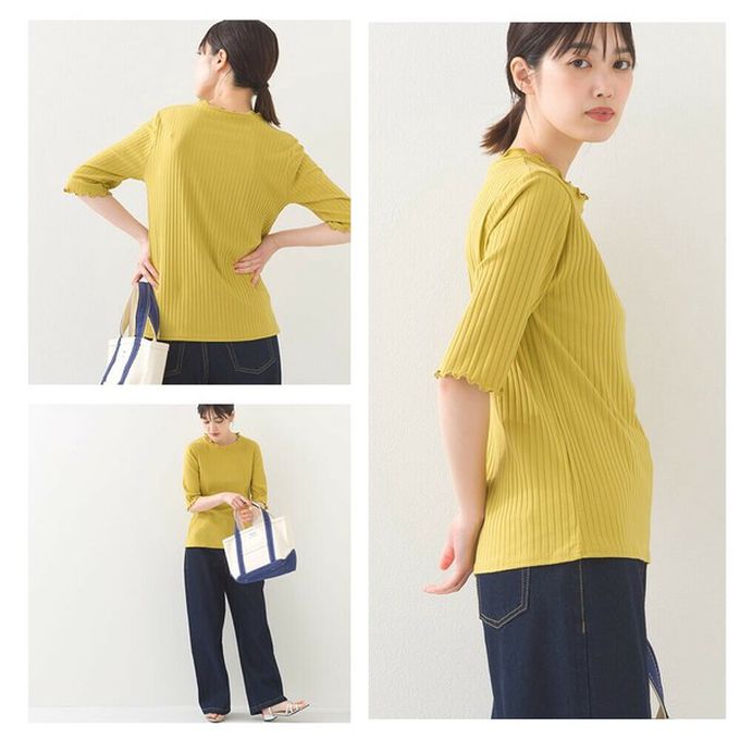 日本 OMNES - 輕盈木耳邊合身羅紋短袖上衣-濃綠