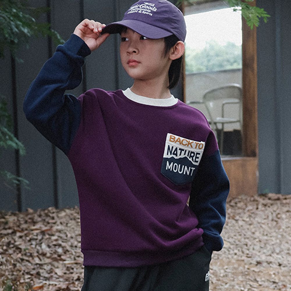 保暖加絨撞色拼接長袖上衣/大學T-紫色