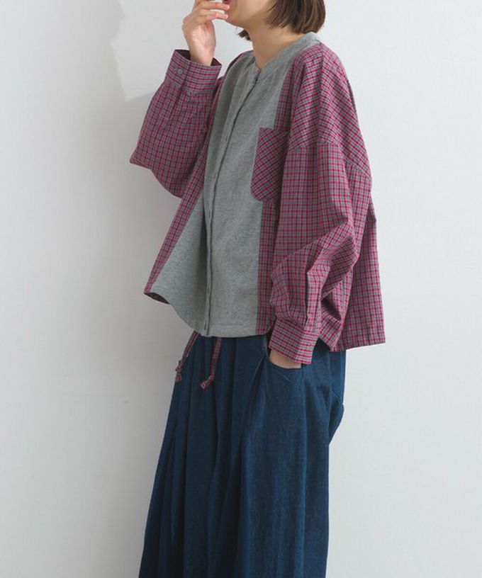 日本 Lupilien - 可愛格子拼接裏毛休閒襯衫-黑白