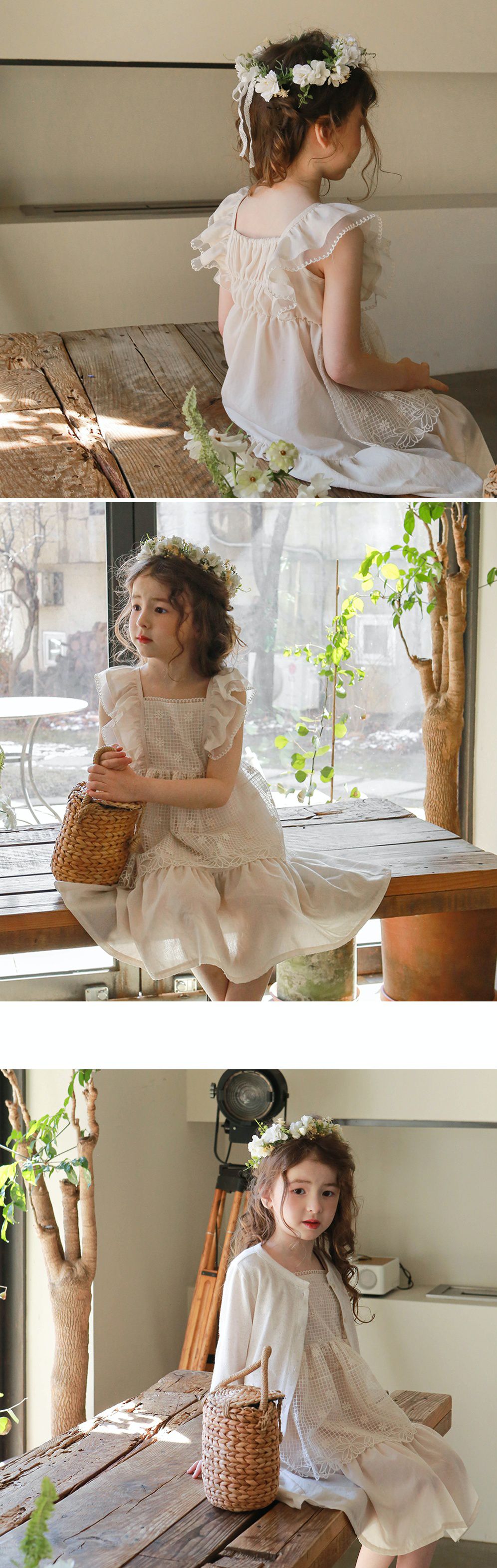 韓國 PuellaFLO - 假兩件格子花朵圍裙洋裝-米白