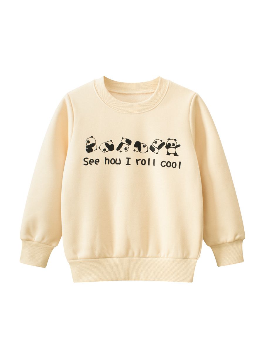 加絨棉質圓領長袖上衣/大學T-翻滾熊貓-杏色